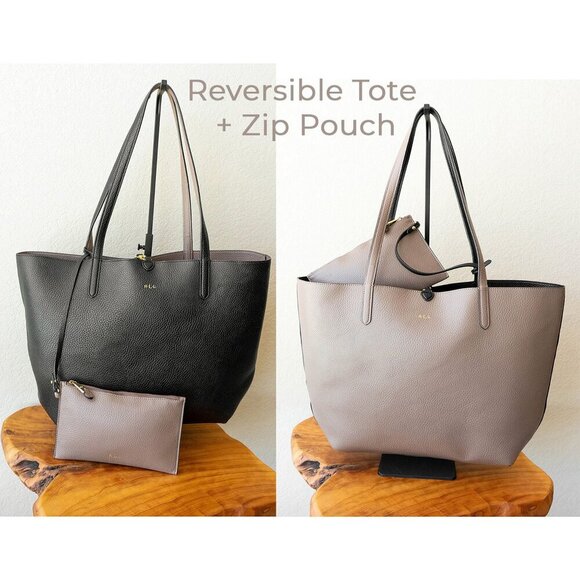 RALPH LAUREN SET REVERSIBLE BLACK & TAUPE TOTE + MATCHING WRISTLET ZIP POUCH - Picture 1 of 14